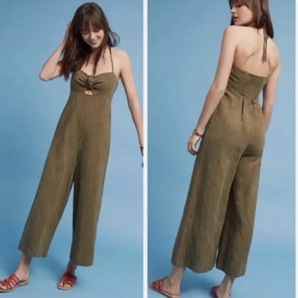 Anthropologie Elevenses Tropicale Jumpsuit Olive Green Halter Top